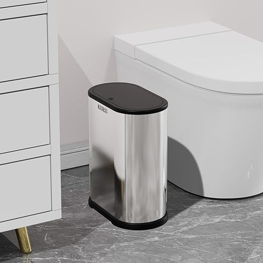 1.8 Gallons Small Stainless Steel Trash Can with Press Type Lid, Slim Bathroom Garbage Bin, Removable Liner Bucket, Dog Proof Narrow Wastebasket with Pop-Up Lid for Bedroom,Toilet (Silver)