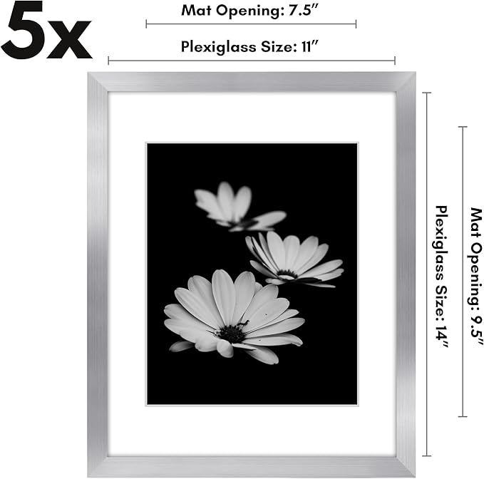 Americanflat 11x14 Picture Frame with Polished Plexiglass - Set of 5 - Use as 8x10 Frame with Mat or Display 11x14 Photo Without Mat - Galleria Collection - Picture Frames for Wall Display - Silver