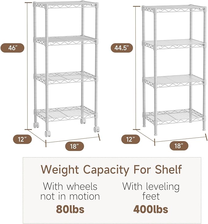 4 Tier Adjustable Storage Shelves Metal Utility Shelf Wire Shelving Unit Organizer Rack for Home Kitchen Office Bathroom Pantry Room 12" D x 18" W x 44.5" H