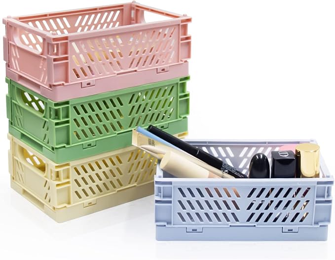 Xhwykzz 4 Pack Mini Foldable Plastic Small Baskets for Organizing and Storage, Collapsible Storage Crate for Home Bedroom Office Classroom Drawer Organizers (5.9x3.9x2.2in) Mini Size