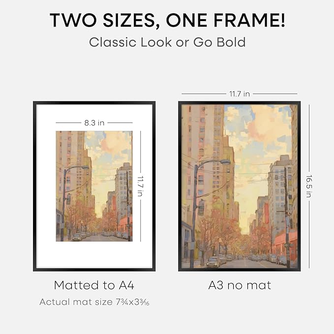 Homeforia A3 Picture Frame Black, High End Metal 11.7 x 16.5 inch Poster Frames with Mat 8.3 x 11.7 for Photo, A3 Size Frames Matted to A4 Print, 11.7x16.5 Wall Hanging Frame, Tempered Glass, Set of 4