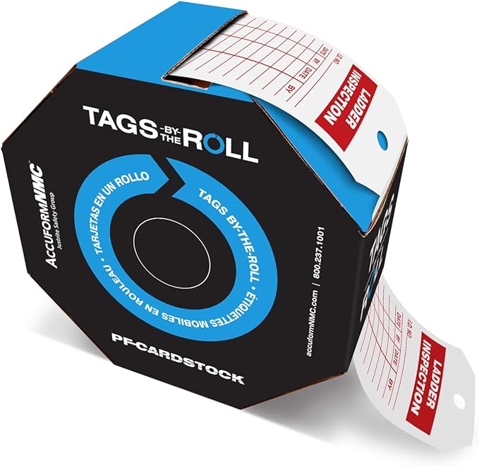 AccuformNMC 100 Tags by-The-Roll, Ladder Inspection Tags with Record, US Made OSHA Compliant, Waterproof PF-Cardstock, Resists Tears, 6.25"x3", TAR703