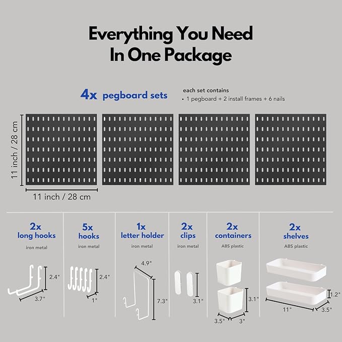 Keepo Pegboard Combination Kit, Pegboards and Accessories Modular Hanging for Wall Organizer, Crafts Organization, Ornaments Display, Nursery Storage, Wall Peg Board (Black, 22″×22″)