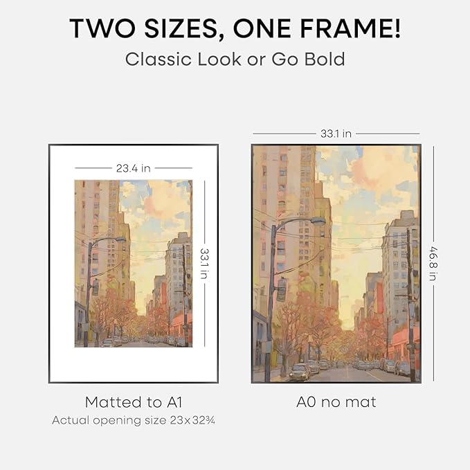 Homeforia A0 Poster Frame Black, High End Metal 33.1 x 46.8 inch Large Picture Frames with Mat 23.4 by 33.1 for Photo, A0 Size Frames Matted to A1 Print, 33.1x46.8 Thin Frame, Tempered Glass, Set of 2