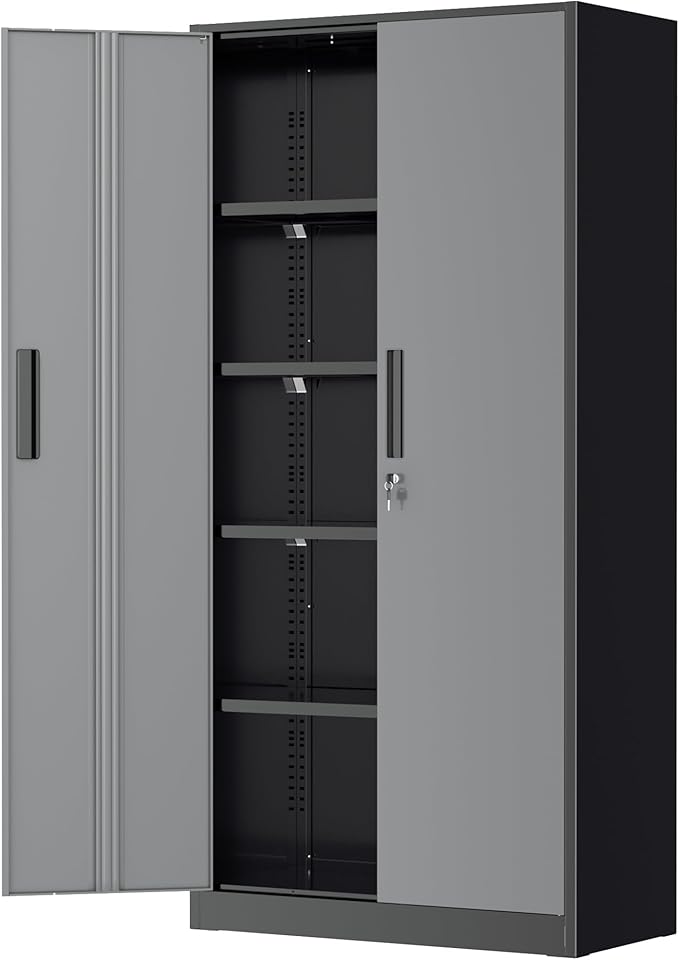 Greenvelly Metal Garage Storage Cabinet with Lock, 72”Metal Storage Cabinet with 2 Doors and 4 Adjustable Shelves, Steel Tool Cabinet for Garage,Home Office, School,Gym (Black Grey)