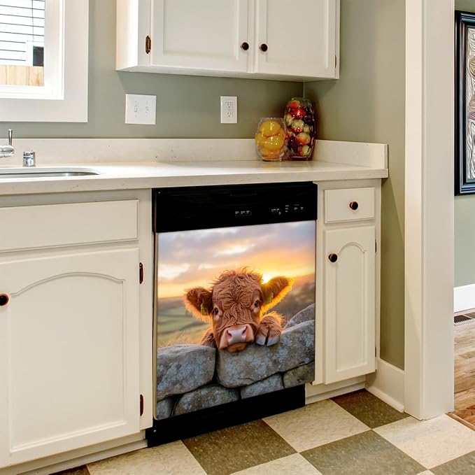 Animal Highland Cow Dishwasher Magnet Cover Highland Cow Magnetic Dishwasher Decorative Cover Front Dishwasher Door Cover Reuseable Dishwasher Cover for Kitchen Refrigerator Home Appliances 23" X 26"