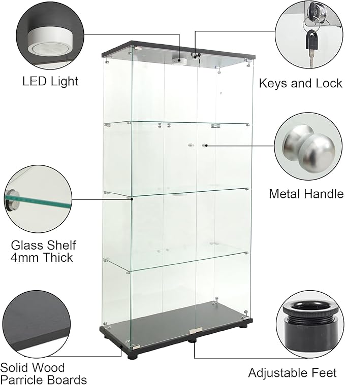 Yoluckea 4 Shelves Glass Display Cabinet with LED Light and 2 Doors,Floor Standing Clear Glass Curio Collection Display Cabinet for Living Room Bedroom 64.7” x 31.7” x 14.3” Black