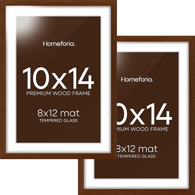 Homeforia 10x14 Brown Picture Frame, High End Dark Oak 10x14 Walnut Poster Frame with Mat 8x12, 10 x 14 Wooden Frame Matted to 8 by 12 inch Photo, 14x10 Thin Frames, Tempered Glass, Wall Kit, Set of 2