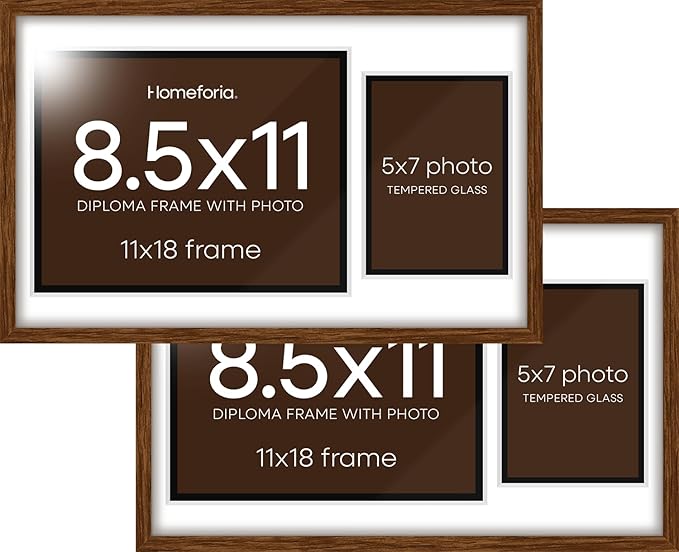 Homeforia 11x18 Brown Diploma Frame with Photo, High End Oak 11 x 18 Certificate Wood Frame with Mat 8.5 x 11 Diploma and 5x7 Picture, Walnut Wooden Document Frames, Tempered Glass, Wall Kit, Set of 2