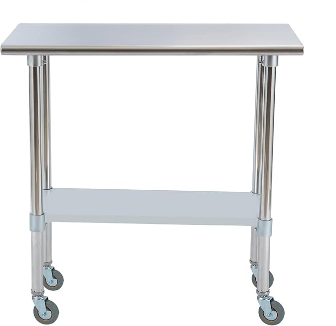 Stainless Steel Work Table 48“L x24 D, NSF Commercial Food Prep Worktable with Adjustable Undershelf and Casters for Restaurant, Home and Outdoors (48“L x24 D)