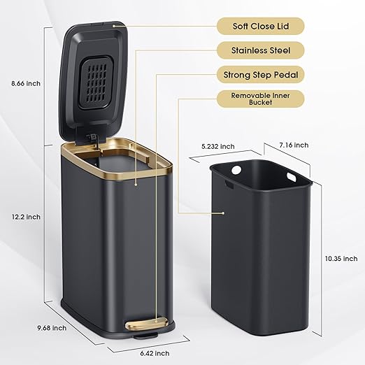 CEROELDA Small Bathroom Trash Can with Lid Soft Close-5L/1.3 Gal Slim Garbage Can-Metal Step Wastebasket-Rectangle Narrow Waste Bin for Office, Bedroom, Toilet, Live Room (Black)