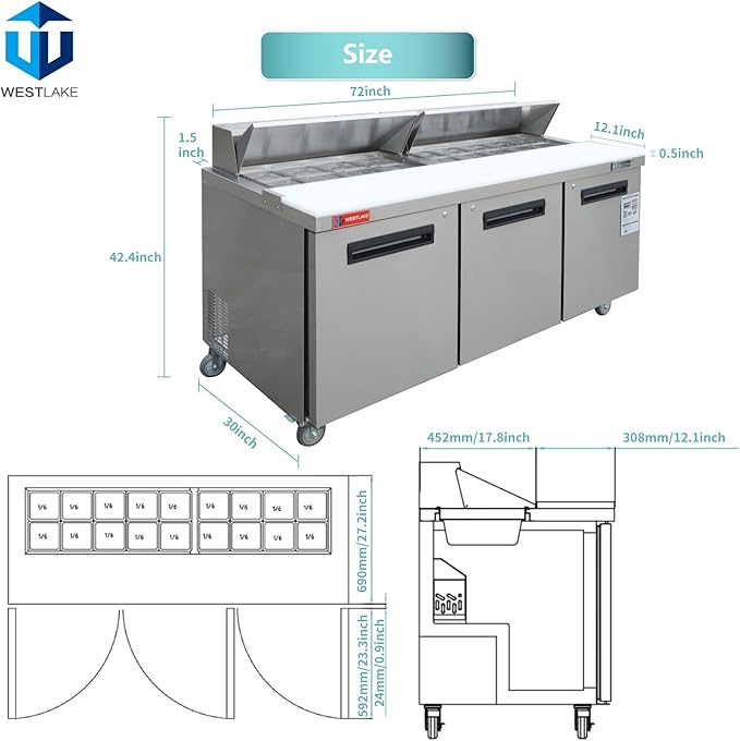 WESTLAKE 72" W 3 Door Refrigerator Sandwich&Salad Prep Table Commercial Stainless Steel Counter Fan Cooling Refrigerator with 18 pans-72 Inches for Restaurant, Bar, Shop, etc