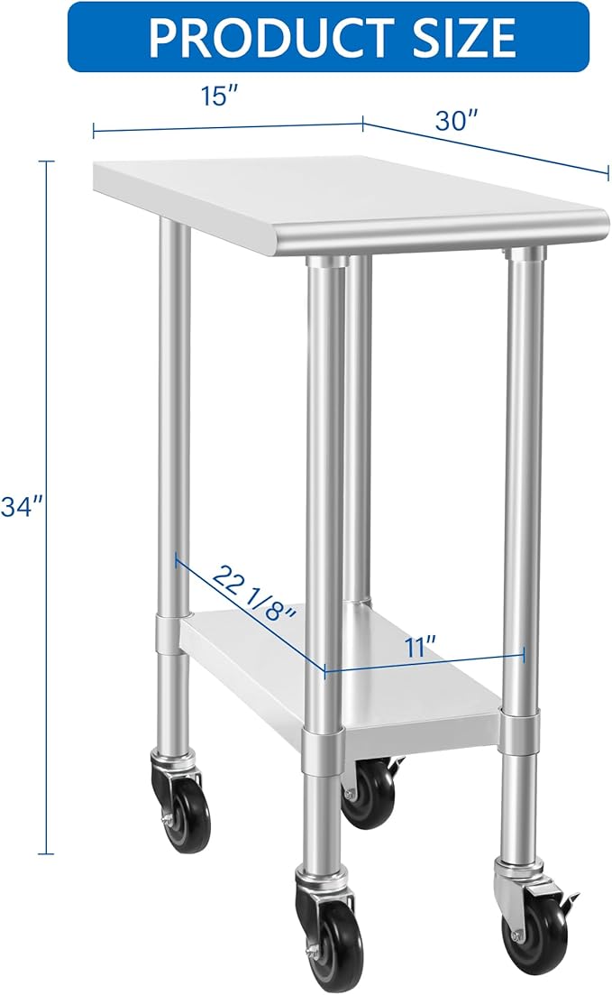 HARDURA Stainless Steel Commercial Table Prep & Work Table with Casters Heavy Duty Metal Table with Wheels NSF 430 30×15 Inches