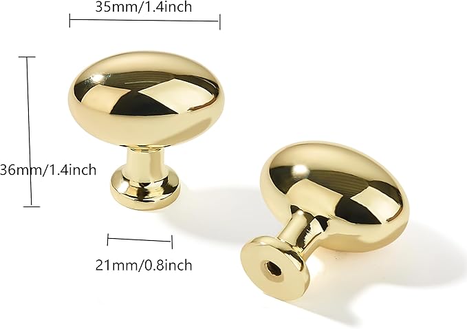 khtumeware 10 Pack 1-3/8 inch(35mm) Polished Brass Cabinet Knobs Dresser Knobs Oval Unlacquered Brass Drawer Knobs Kitchen Cabinet Hardware Egg Knobs for Dresser Drawers