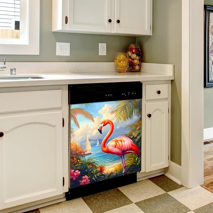 Summer Palm Flamingo Dishwasher Magnet Cover Front Dishwasher Cover Decor Reusable Magnetic Door Cover Panel Decal Home Appliances Stickers Kitchen Refrigerator Fridge 23"x26"