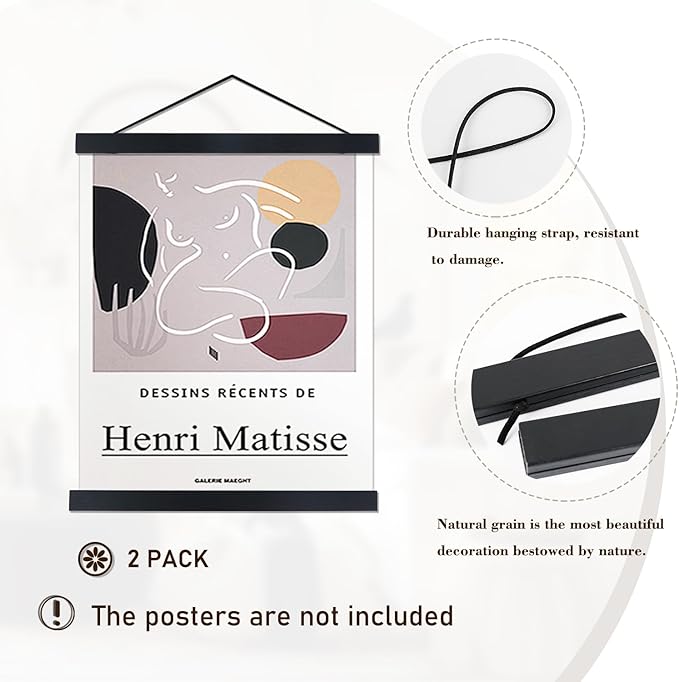 2 Pack Magnetic Poster Hanger Frame, 17x22 17x24 17x31 Light Wood Wooden Magnet Canvas Artwork Print Dowel Poster Hangers Frames Hanging Kit (Black, 17", 2 Packs)