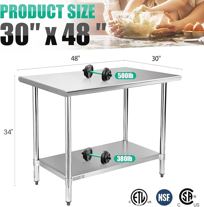 STABLEINK NSF Stainless Steel Prep Table, 30 x 48 Inches 4ft Metal Workbench with Adjustable Lower Undershelf, for Commercial Kitchen, Restaurant, Hotel, Laundry and Garage