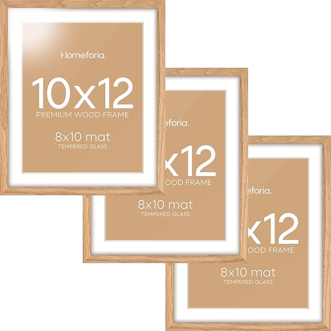 Homeforia 10x12 Picture Frame Wood, High End Natural Oak 10x12 Light Wooden Poster Frames with Mat 8x10, 10 x 12 Frames Matted to 8 x 10 Photo, 12x10 Hanging Frames, Tempered Glass, Wall Kit, Set of 3