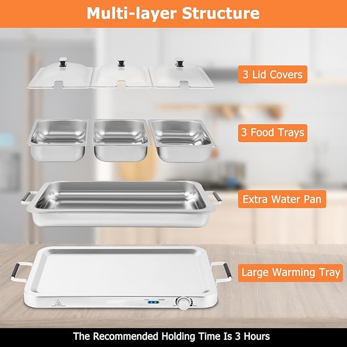 Giantex Buffet Server & Electric Food Warmer, 2-in-1 Food Warming Tray, Adjustable Temperature, 3 Food Pans with Lids, Dishwasher Safe, 8 QT Stainless Steel Chafing Dishes for Parties Holiday Events