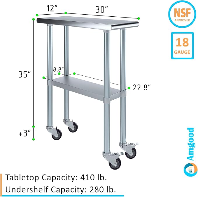 AmGood 12" Long x 30" Deep Stainless Steel Table with Casters