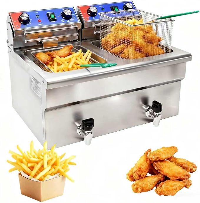 Commercial Deep Fryer, 2 x 15.3Qt Dual Tank Electric Countertop Deep Fryers with Drain, 3800W Large Capacity Stainless Steel Oil Fryer with Baskets and Time&Temp Control for Restaurant Use