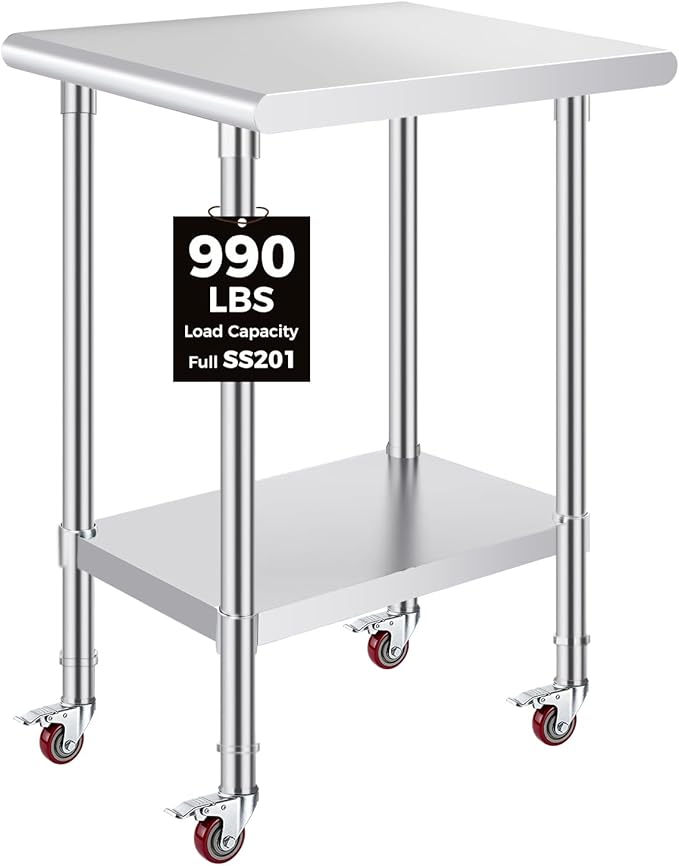 OSTBA Stainless Steel Table for Prep & Work 24x18 Inches with Casters Wheels, NSF Metal Commercial Heavy Duty Table with Adjustable Undershelf for Restaurant Kitchen Home and Hotel
