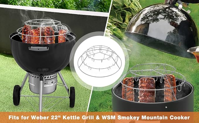 Onlyfire Rib Hanging System, Stainless Steel 3-Tier Rib Hanger with Removable Cooking Hooks, Barbecue Cooking Accessories for Weber 22 inch WSM Cooker & Weber 22 inch Kettle Grill