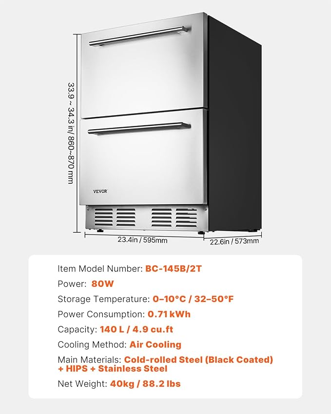 VEVOR Under Counter Drawer Refrigerator, 24 In Stainless Steel Fridge with Temperature Control, Dual Drawer Refrigerator with Powerful Compressor & LED Display, for Home, Office, and Commercial Use