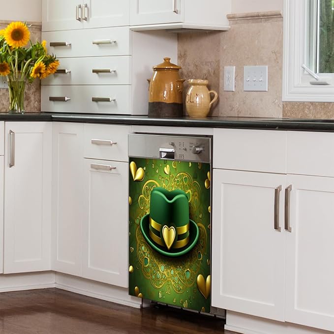St. Patrick's Day Hat Heart Dishwasher Magnet Cover, Reusable Refrigerator Panel Stickers Microwave Front Door Covers Magnets for Kitchen Home Appliances Holiday Party Decorations 23 X 26 in