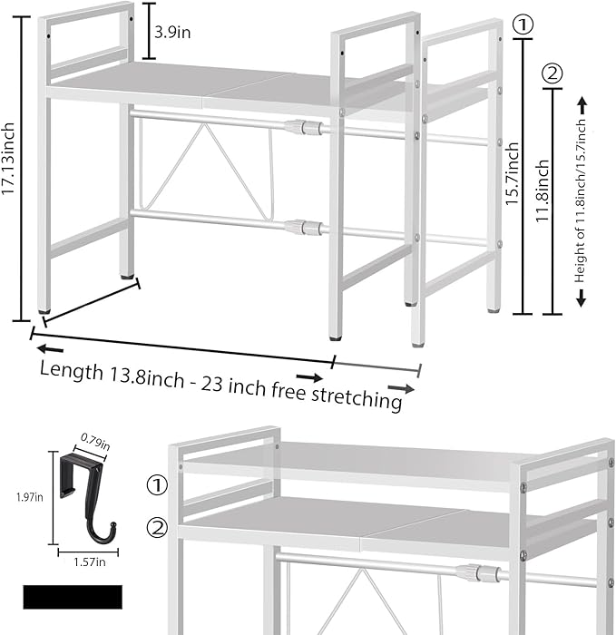 Microwave Oven Rack Expandable Countertop Heavy Duty Microwave Shelf 2-Tier Adjustable Metal Storage Shelf Rack for Kitchen (White)