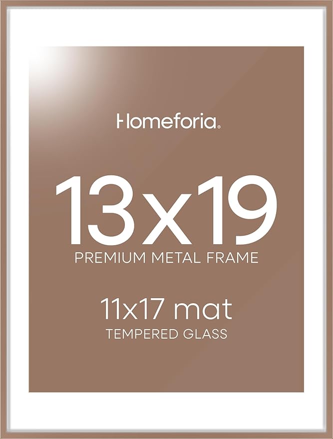 Homeforia 13x19 Picture Frame Mocha, High End Metal 13 x 19 Poster Frames with Mat 11 x 17 for Photo, 13x19 Mocha Frame Matted to 11x17 inch Print, 19x13 Thin Frame, Tempered Glass, Wall Kit, Set of 1