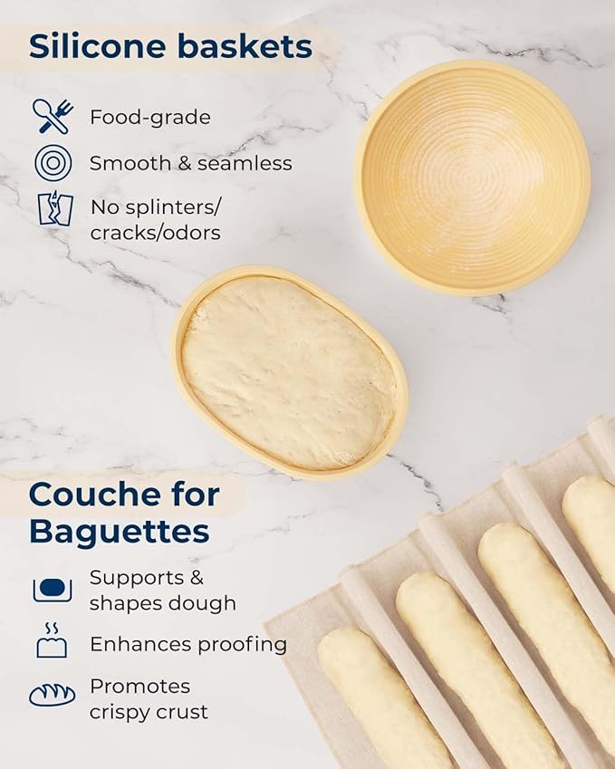 Silicone Proofing Baskets with Sourdough Starter Jar Kit, 9" Round & 10" Oval Foldable Banneton Baskets, Sourdough Bread Baking Supplies