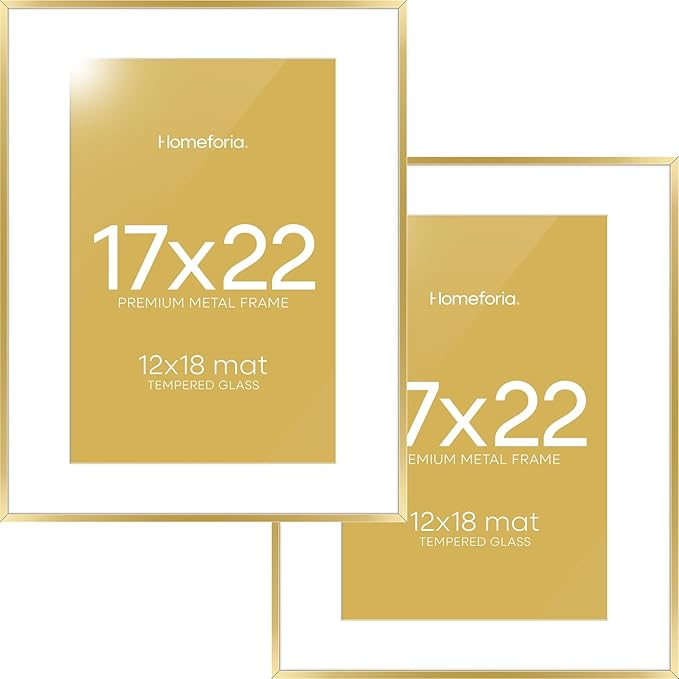Homeforia 17x22 Picture Frame Gold, High End Metal 17x22 Poster Frames with Mat 12x18 Photo, 17 x 22 Gold Frame Matted to 12 by 18 Print, 22by17 Thin Hanging Frames, Tempered Glass, Wall Kit, Set of 2