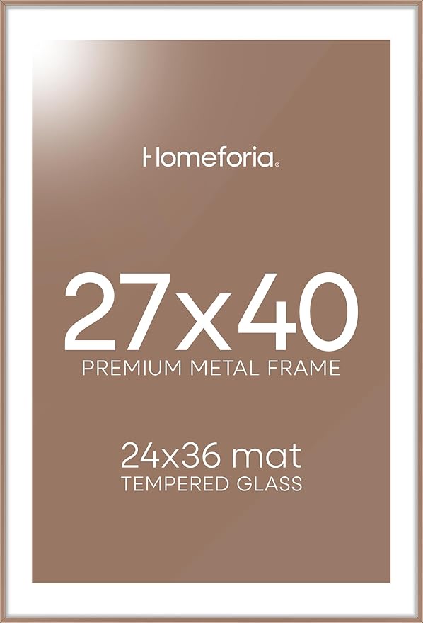 Homeforia 27x40 inch Poster Frame Mocha, High End Metal 27 x 40 Large Movie Picture Frames with Mat 24 by 36 in Photo, 27x40 Thin Frame Matted to 24x36, 40x27 Frame, Tempered Glass, Wall Kit, Set of 1