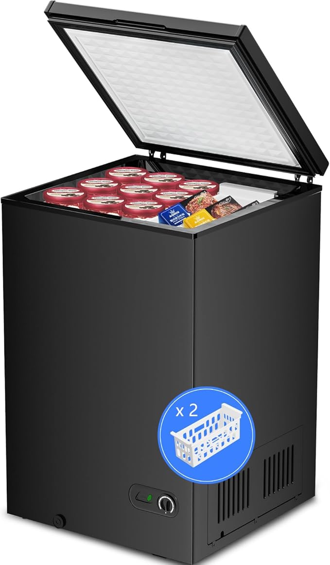 Kismile 3.5 Cubic Feet Chest Freezer with 2 Removable Baskets Free Standing Top Open Door Compact Deep Freezer with Adjustable Temperature for Home/Kitchen/Office/Bar (3.5 Cubic Feet, Black)