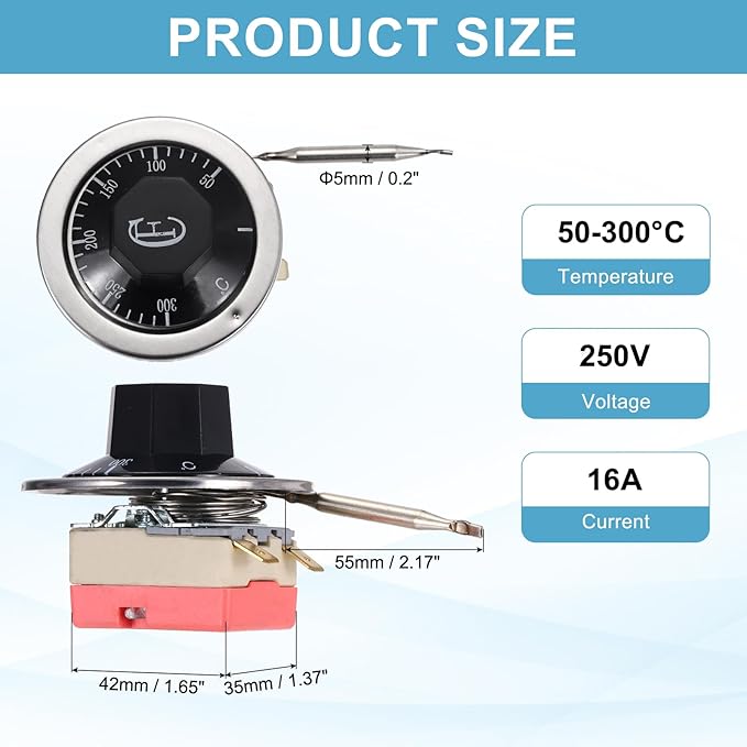 MECCANIXITY 2pcs Oven Temperature Control Switch 250V, 16A 50-300°C Capillary Thermostat NC Temperature Control Switch for Ovens Fryers Refrigerator Heaters