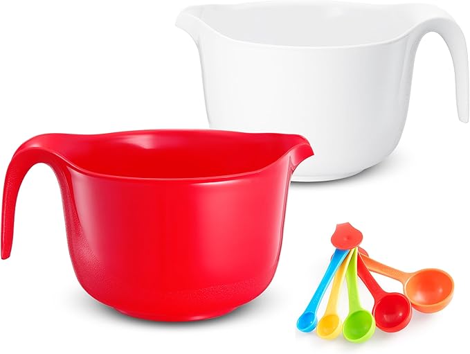 Large Mixing Bowls with Handles 3.6 qt - 2 Pc Plastic Nesting Bowls for Kitchen, Lightweight Batter Bowls, Easy to Clean + 5 Measuring Spoons Set