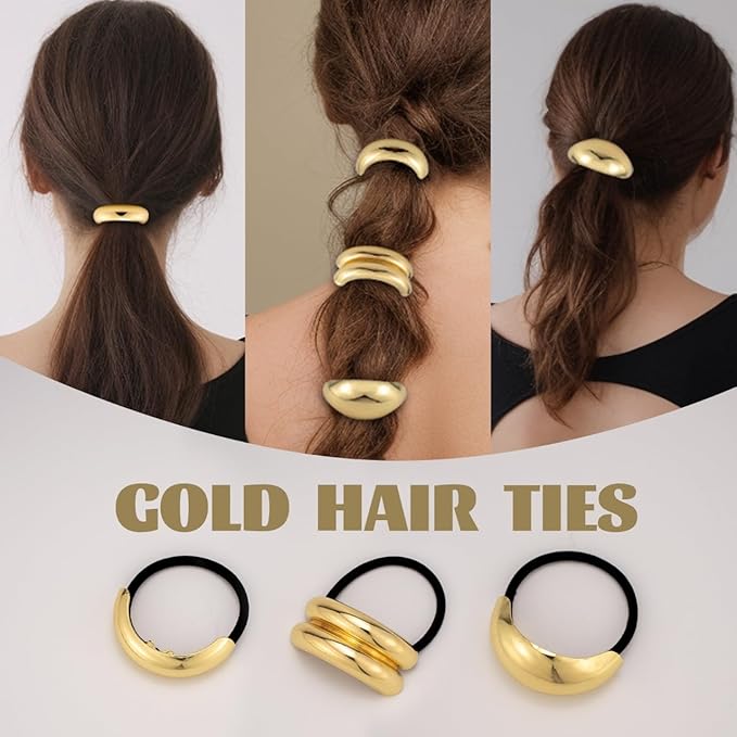 3PCS Gold Geometric Hair Ties - Polished Metal Hair Cuffs for Women, Non-Damage Ponytail Holders with Unique Shapes