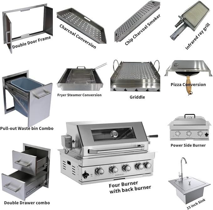 Outdoor Kitchen Kit, Built-in 32 inch LPG Gas Grill 60000 BTU Stainless Steel Four burners Grills,DIY Combo Outdoor Kitchen Island, 12 in 1 BBQ Tool Set Best of Backyard Gourmet Package Deal