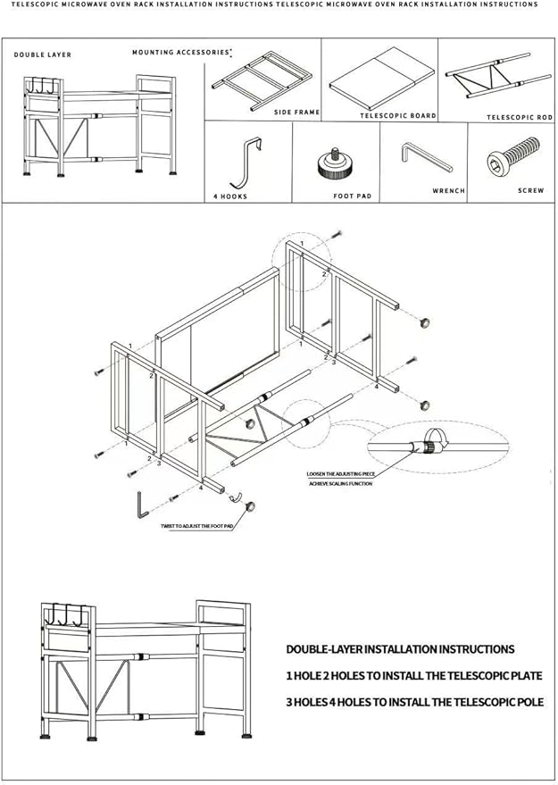 Expandable Microwave Oven Rack, Double Layer Carbon Steel Adjustable Microwave Shelf, Toaster Rack Heavy Duty Stand Kitchen Countertop Organizer, 55 lb Load Bearing, 2 Tier with 6 Hooks (White )