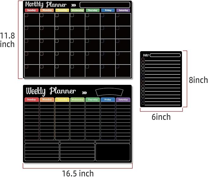 Hivillexun Magnetic Black Dry Erase Calendar White Board Set (3-Pack) - Monthly, Weekly Planners & Daily Notepad for Fridge, Home & Office, Includes 8 Markers
