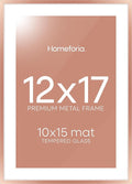 Homeforia 12x17 Picture Frame Rose Gold, High End Metal 12x17 Poster Frames with Mat 10x15 Photo, 12 x 17 Rose Gold Frame Matted to 10 by 15 Print, 17x12 Thin Frame, Tempered Glass, Wall Kit, Set of 1