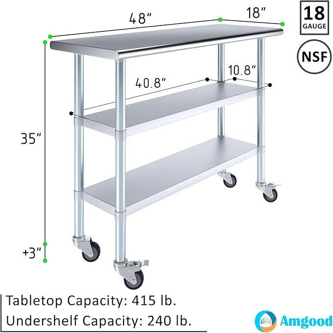 AmGood Stainless Steel Work Table with 2 Shelves and Casters | Metal Utility Table On Wheels (Stainless Steel Work Table with 2 Shelves + Casters, 48" Long x 18" Deep)