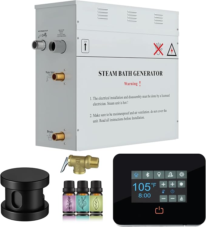 Builders Series 9kW Steam Bath Generator with Quickstart Continuous Steam, Black Digital Touch Pad, Built-in Auto-Drain, and Aroma Steamhead in Matte Black
