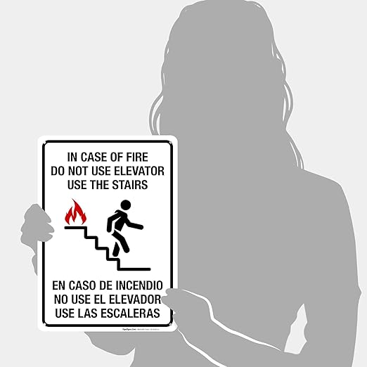 in Case of Fire Do Not Use Elevator Use The Stairs Bilingual Sign, Fire Safety Sign, 10x14 Inches, Rust Free .040 Aluminum, Fade Resistant, Indoor/Outdoor Use, Made in USA