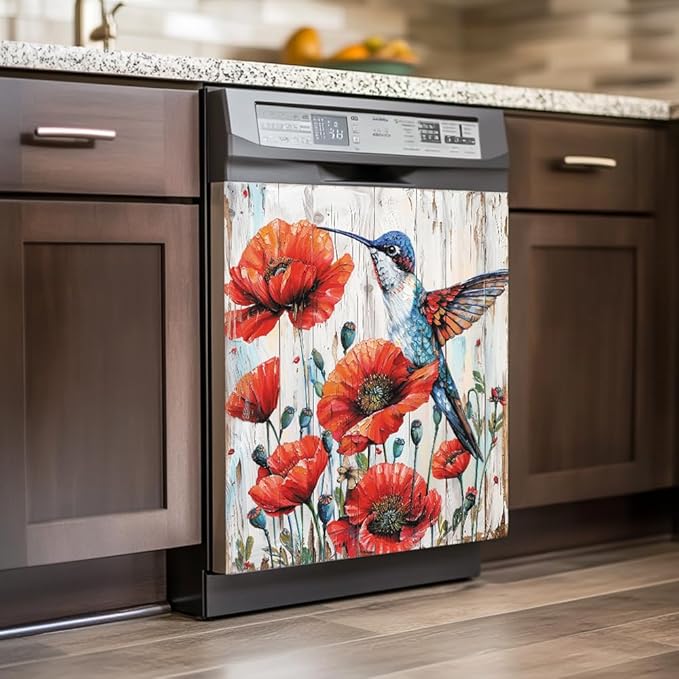 Beautiful Red Poppy Flowers Kitchen Decor Dishwasher Sticker Art Magnet Cover for Door Panels, Hummingbird Rustic Wood Grain Refrigerator Fridge Magnetic Decals for Home Appliance,23x26 in