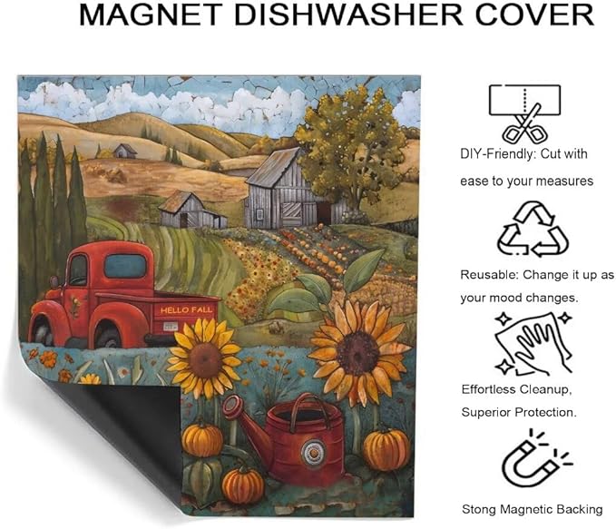 Farm Sunflower Pumpkin Dishwasher Magnet Cover,23" x 26" Dishwasher Cover,Retro Countryside Autumn Landscape Magnetic Decal Vinyl Sticker Kitchen Decor Refrigerator Magnets Self Adhesive Wrap