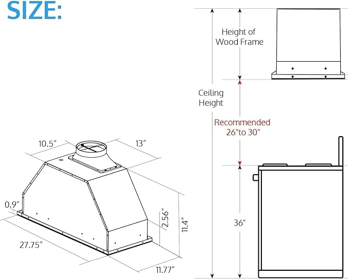 JOCO 27.75 Inch Built-in/Insert Range Hood, 900 CFM Stainless Steel Kitchen Vent Hood, Convertible for Ducted or Ductless Installation, 4-Speed Knob Control