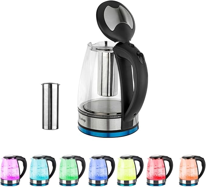 Electric Kettle, 1.8L Glass Teapot with Removable Tea Infuser - No Plastic Contact, 7-Color LED Light & Mesh Filter, 1200W Fast Boiling for Tea, Coffee, Hot Cereal (110V, Black)