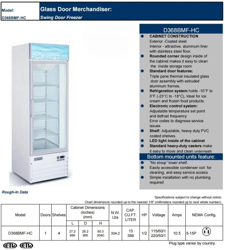 Commercial 1 Glass Door Freezer, ETL Display Merchandiser, Upright 13 cu. ft. Aluminum Interior, LED Lighting for Shop, Restaurant -10°F~ 0°F